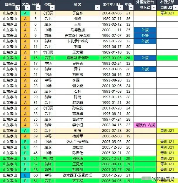 山东泰山31人名单，21人出自鲁能青训