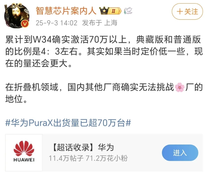 华为Pura X不知不觉间销量就突破70万台了，看样子今年应该能完成百万出货量，
