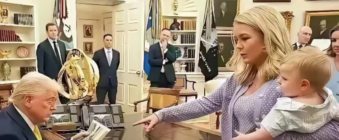 特朗普在白宫就是这样办公的。白宫第一女发布人抱着孩子向特朗普梯交文件。[捂脸]