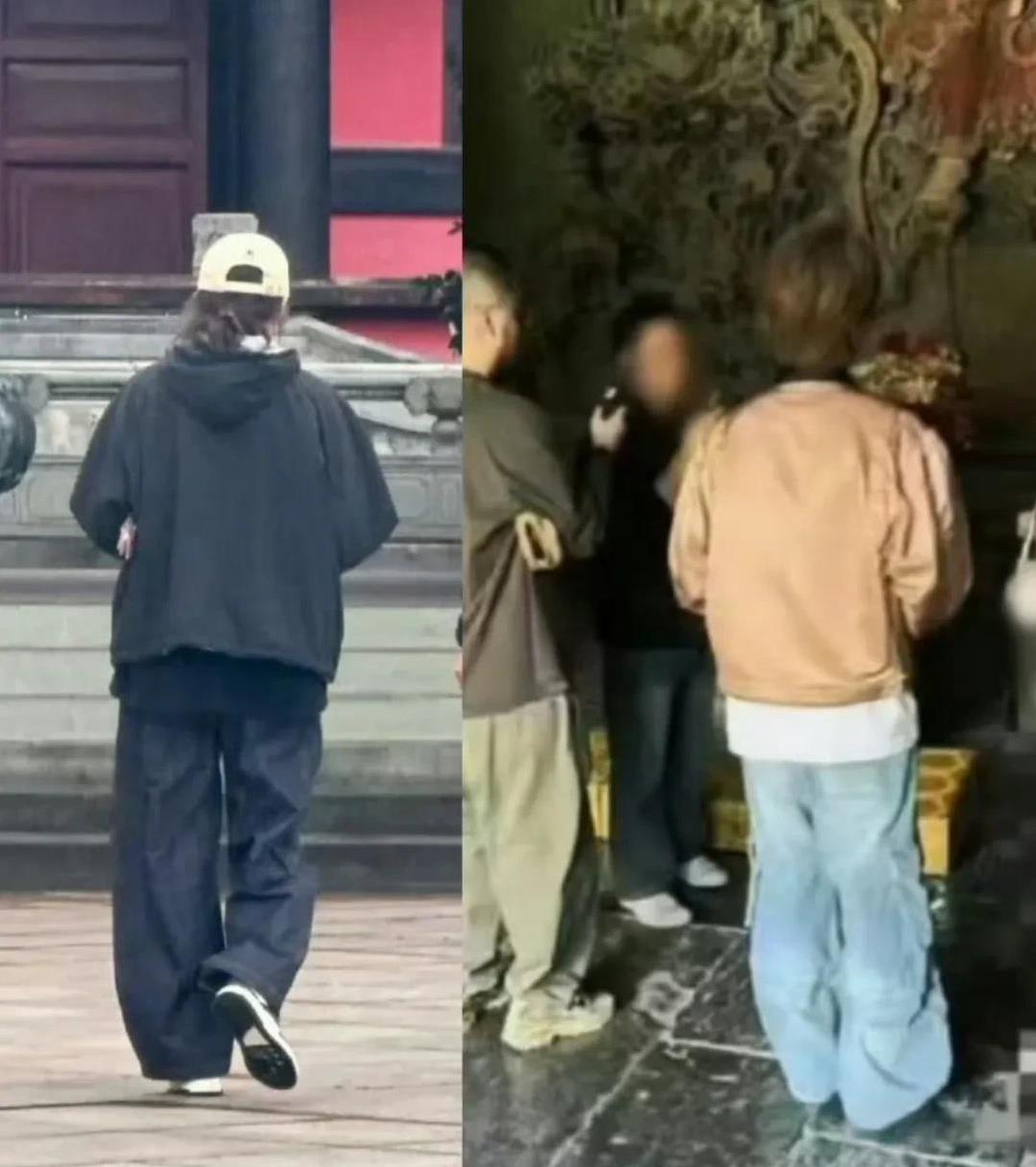 关晓彤在四川乐山大佛禅院祈福，鹿晗在河北石家庄隆兴寺，被偶遇时身着橘粉色皮衣与牛