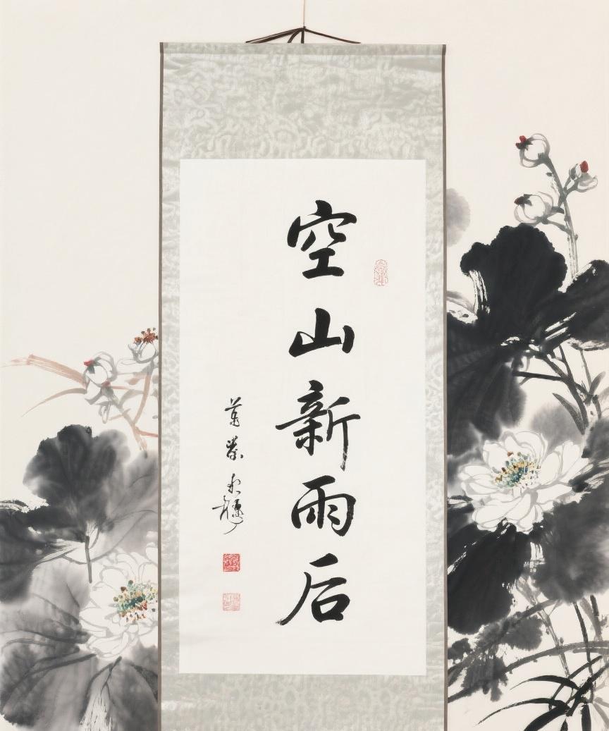 #AI妙生图#“空山新雨后”于水墨百花背景下，以柔美飘逸之笔展现，浓淡墨色间尽显