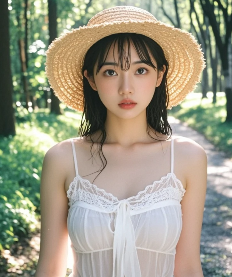 她站在林间小路上，仿佛时间都为她停驻。