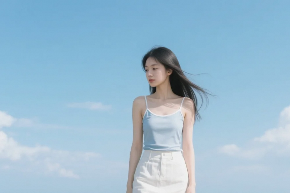 她站在海浪边回眸，美得像夏天的开场白