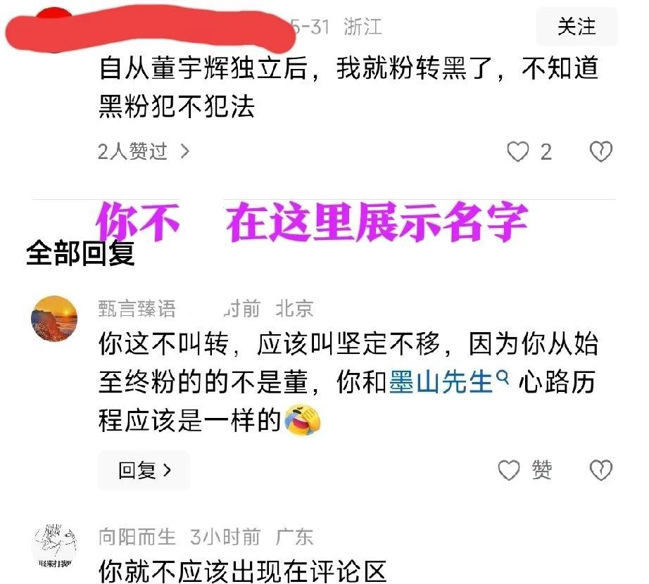 自从董宇辉独立后，我就粉转黑了，不知道黑粉犯不犯法。
有人在我的评论区进行了如上