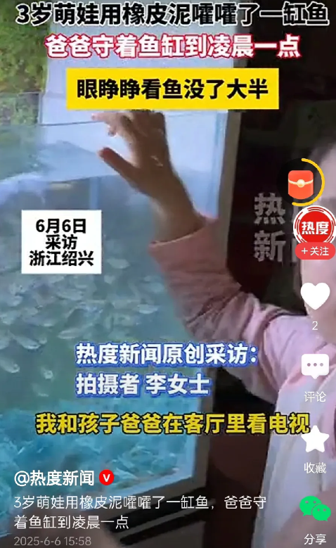 这打挨的一点都不冤

三岁萌娃静悄悄，果然在作妖！小家伙把橡皮泥全丢进爸爸的鱼缸