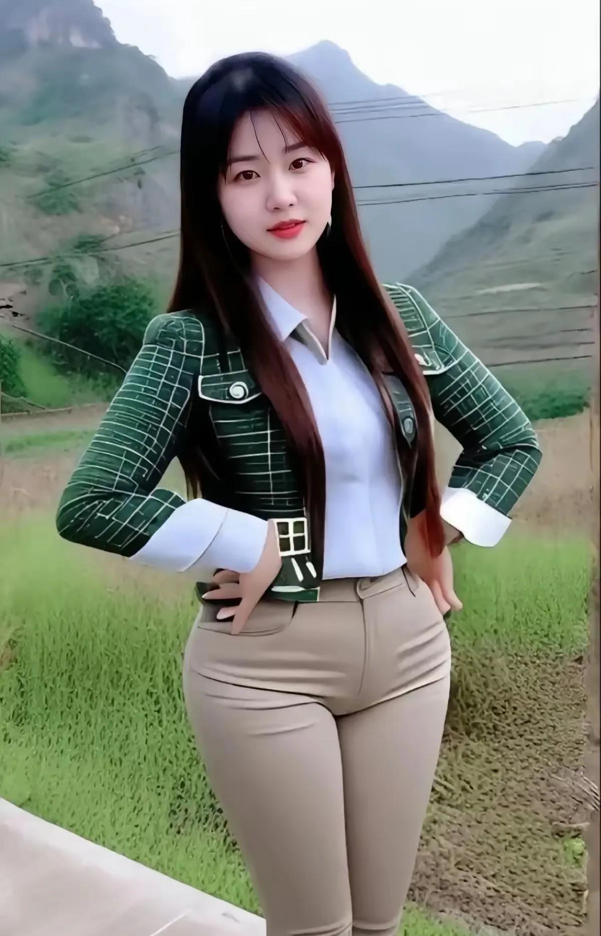 远山如黛映娥眉，
秀发翩然玉体随。
叉腰凝眸添傲骨，
端庄气韵胜春辉。