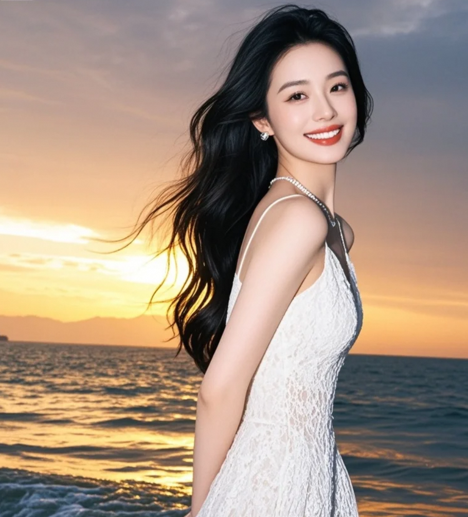 长裙曳地，踏过被夕阳烤暖的沙滩