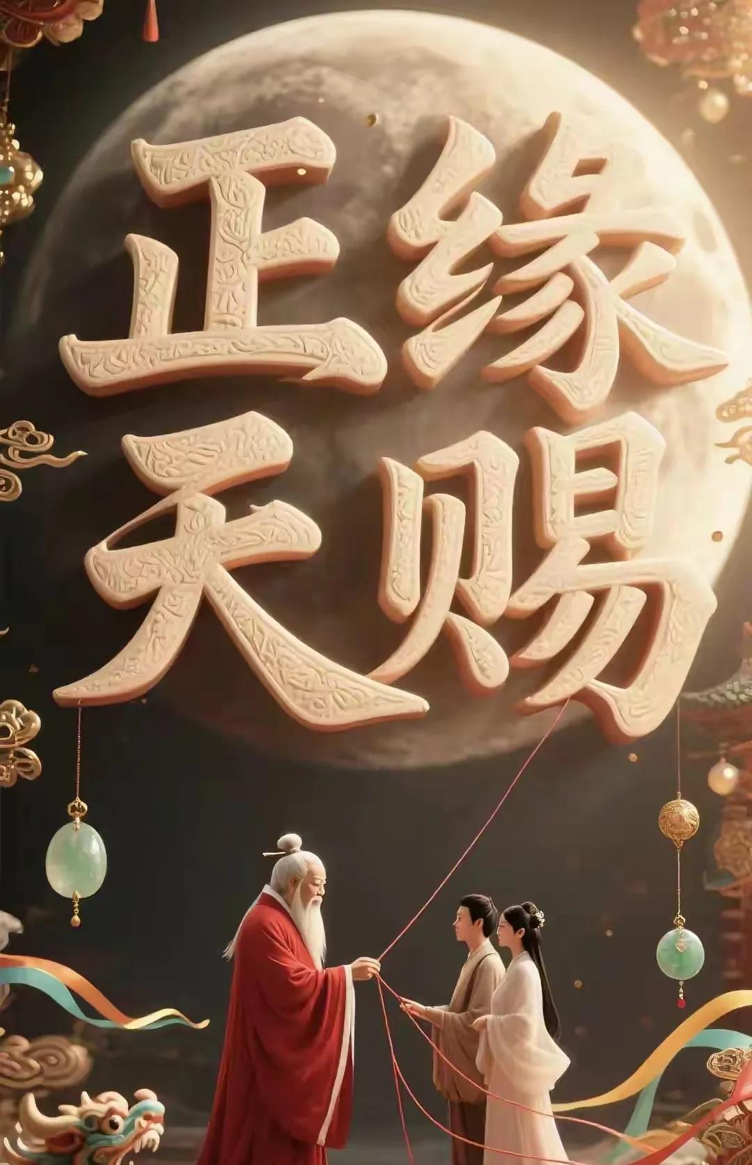 月老慈眉笑靥绵，红丝暗系引佳缘。
孤影今朝逢挚爱，幽思此际向晴牵。
福泽似霭盈前
