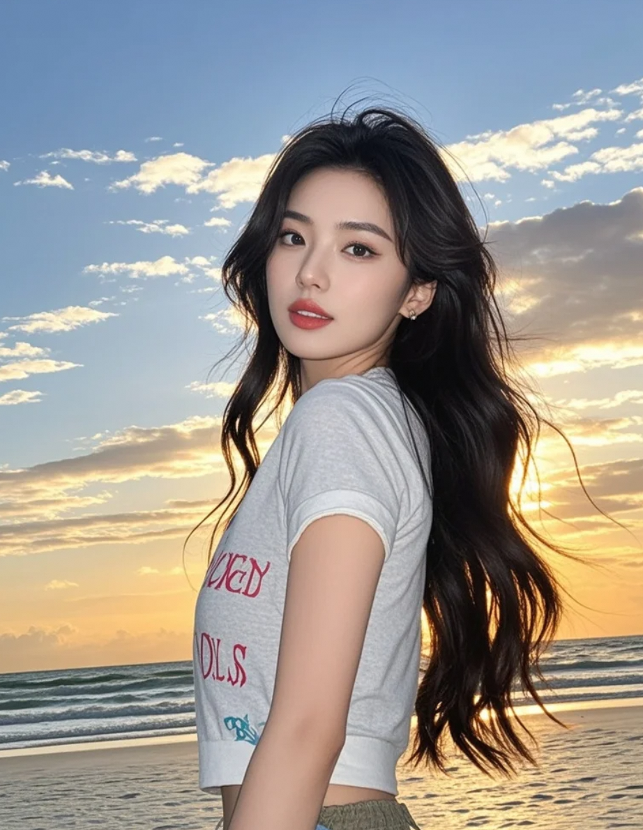 她的长发在夕阳中泛着琥珀般的光泽，每一步都踏出轻盈的节奏