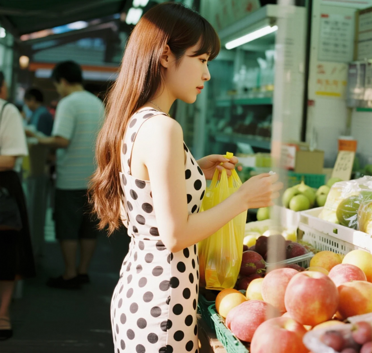 色彩斑斓的果篮边：清纯美眉被水果衬托的明媚笑容