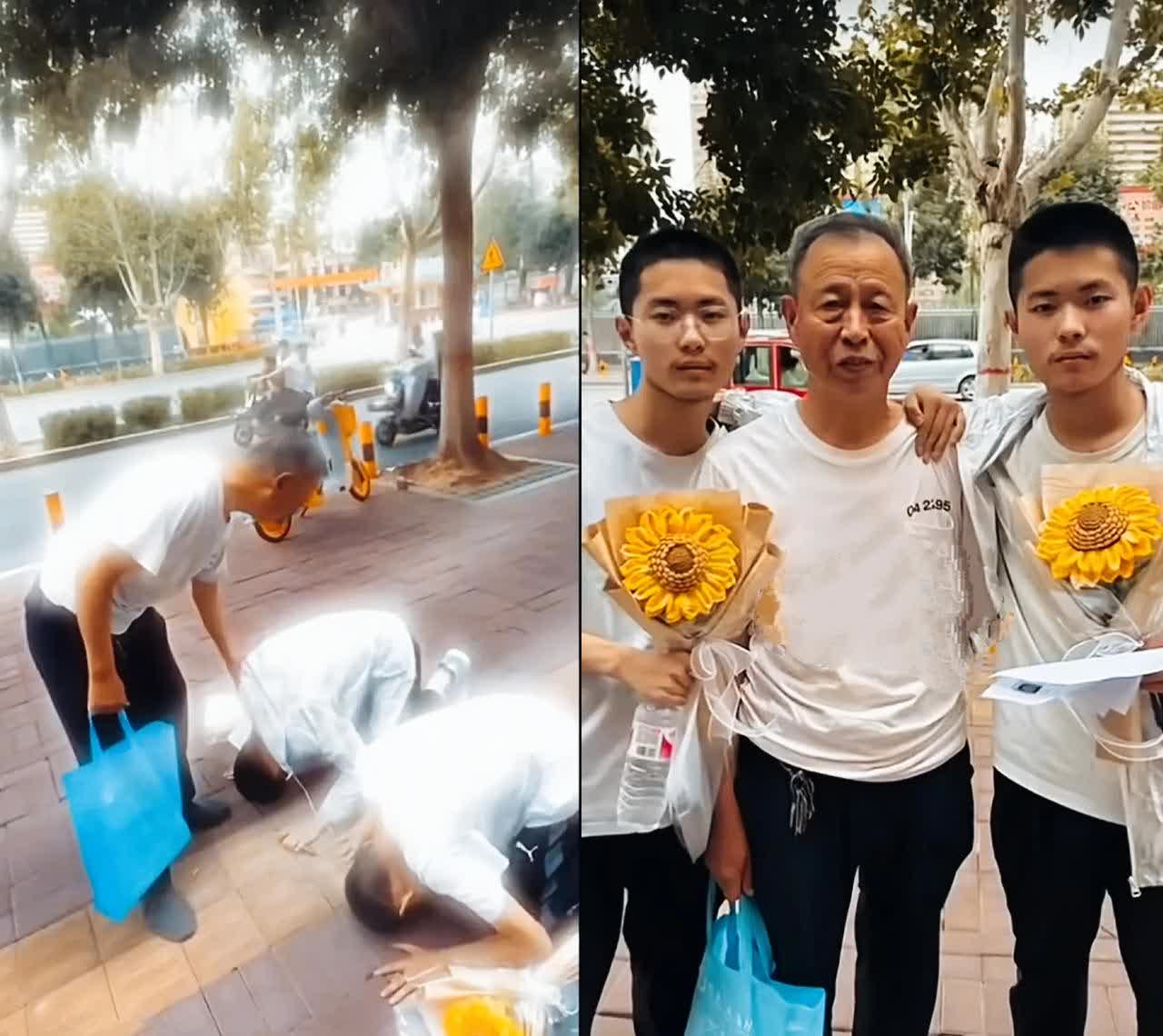 高考那天，小哥俩走出考场，接过某热心博主送给他们的向日葵，在大马路上咕咚一声跪在