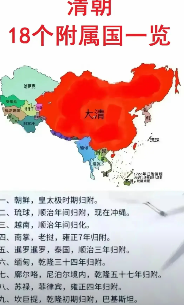 这才是中国清朝该有的局面，东方的霸主，亚洲中亚和东南亚，东亚各国争相依附大清，和