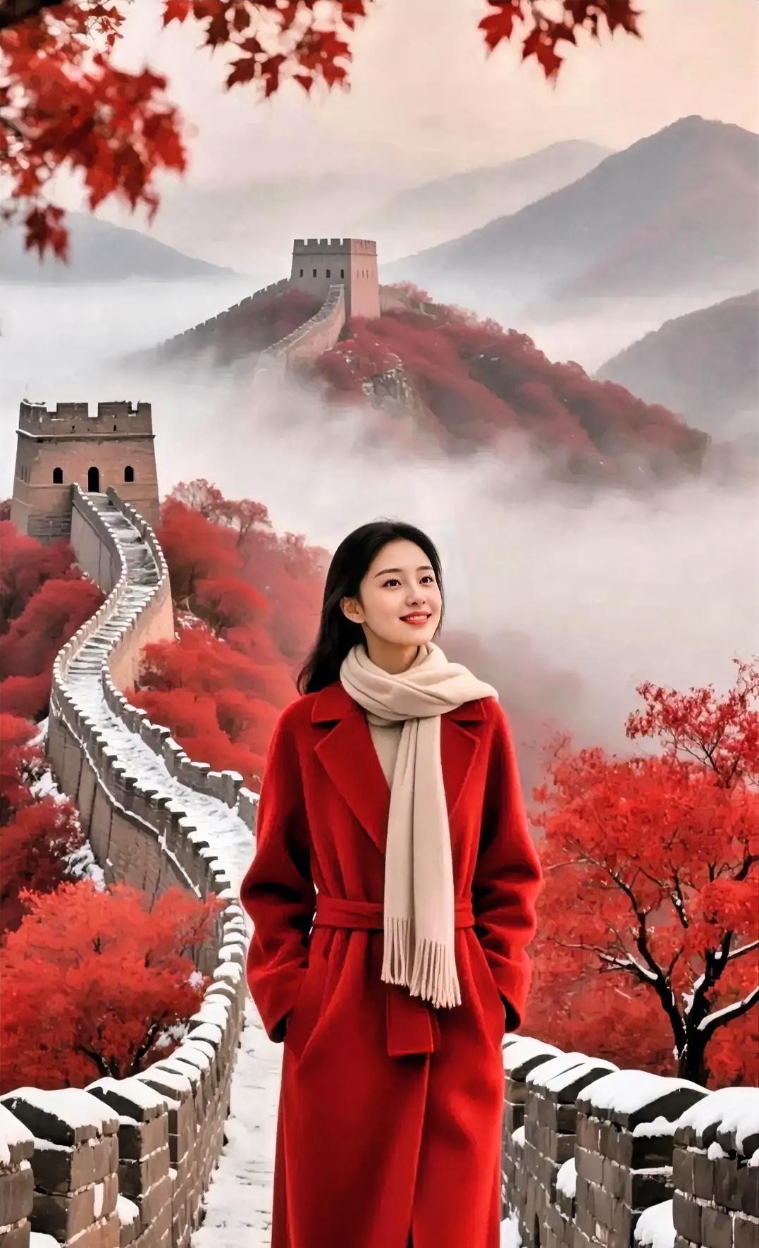 这诗里的长城秋景也太绝了吧！
层林染得像赤霞在流，
古墙盘着云连着清秋，
残雪带