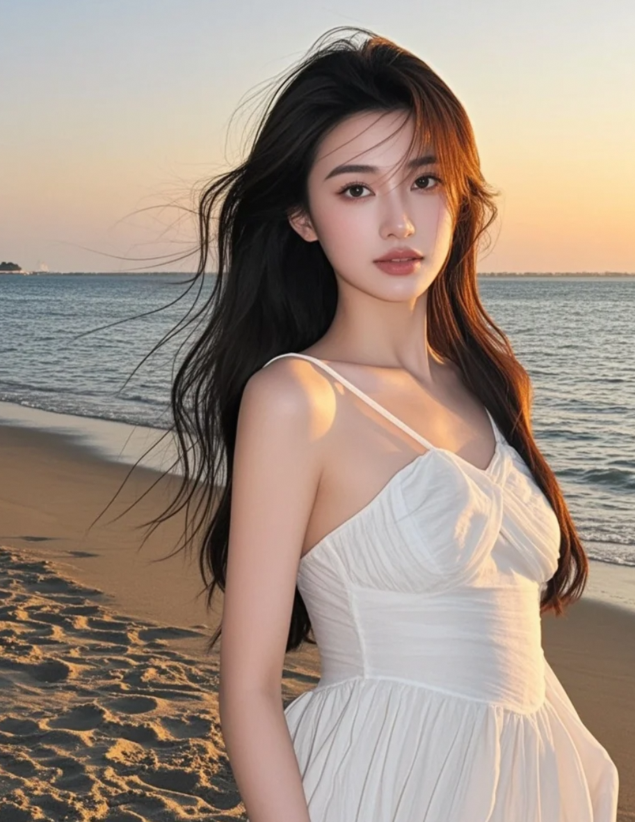 沙滩剪影中的大明星，长发飘飘，笑容温婉，神秘而美丽