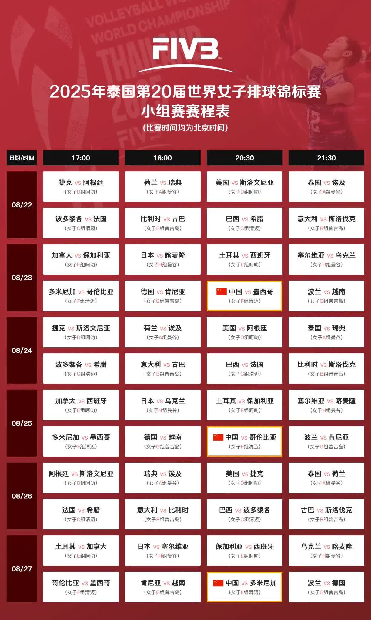 喜欢看中国女排比赛转播的人有福了，2025年女排世锦赛各支球队小组赛的具体赛程时