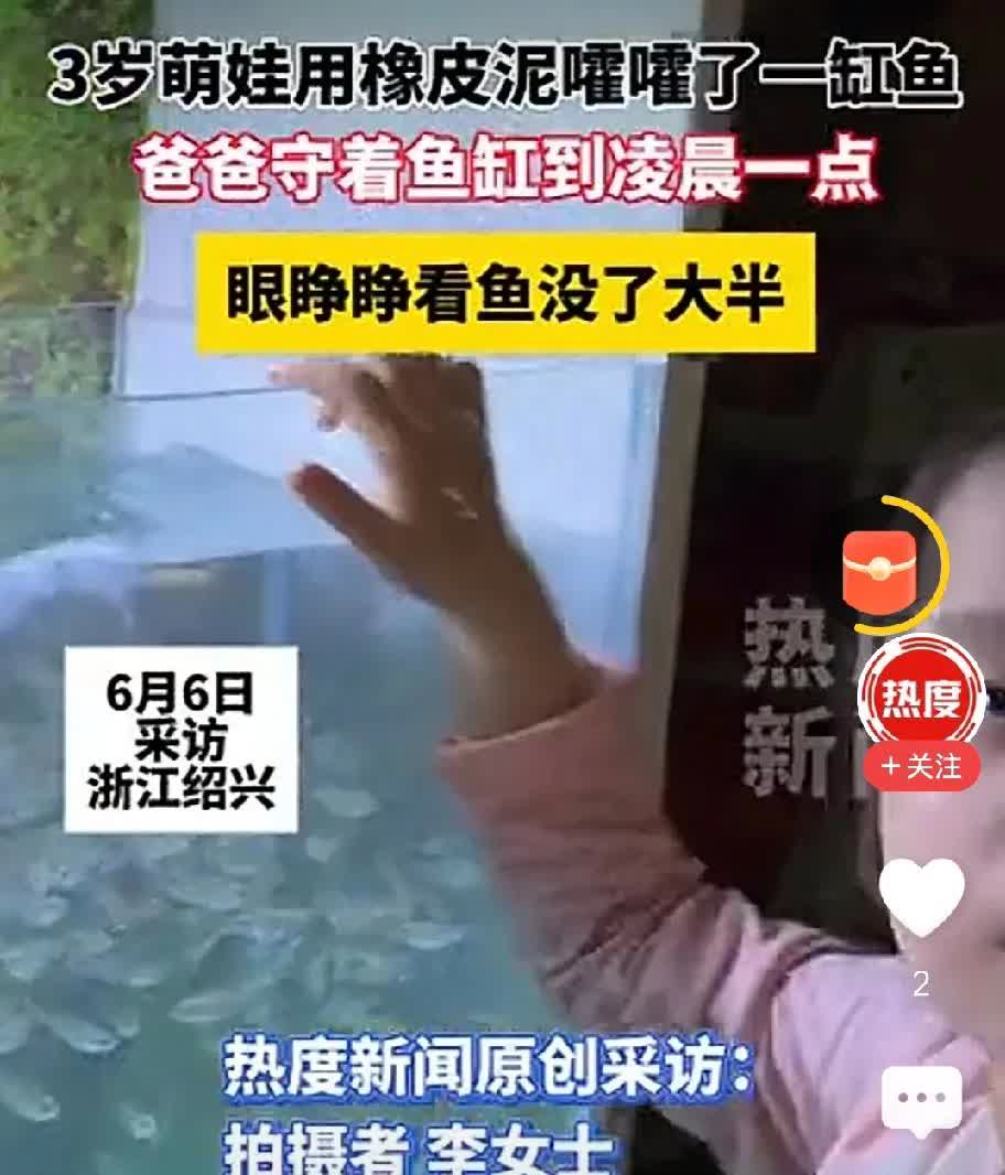 这打挨的一点都不冤[捂脸]！
三岁萌娃把自己的橡皮泥放在爸爸的鱼缸里，结果不出