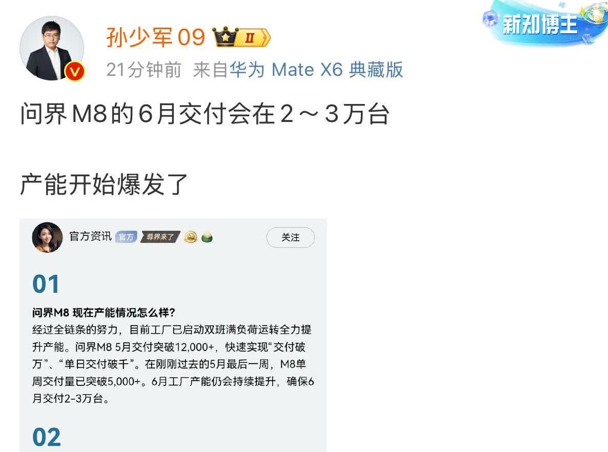 问界M8产能终于爆发了！  

5月份交付超过了12000辆，6月份预计交付