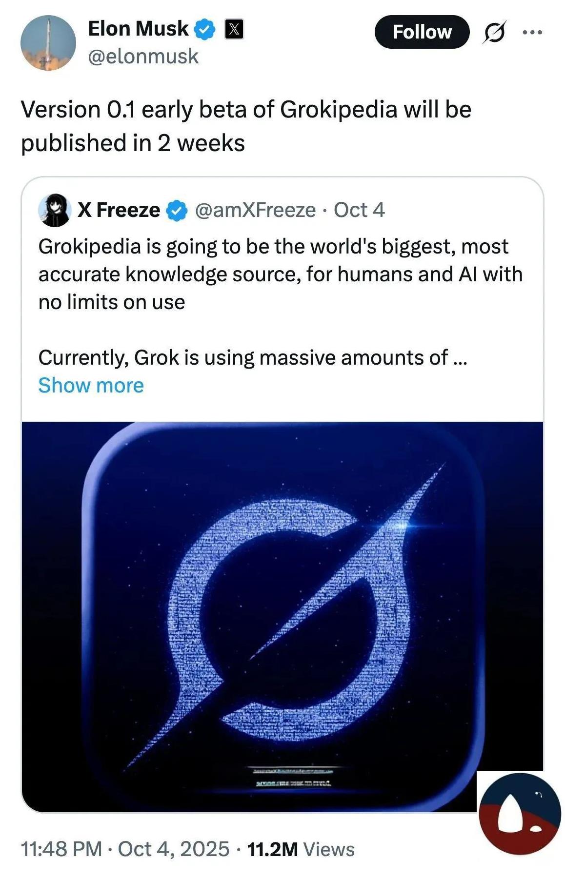 马斯克发帖，grok百科两周后到。