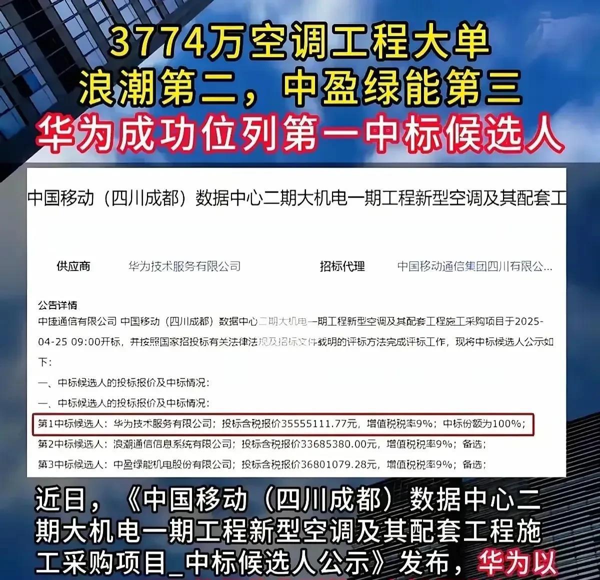 没想到华为空调也这么厉害，
成功拿下移动大单。