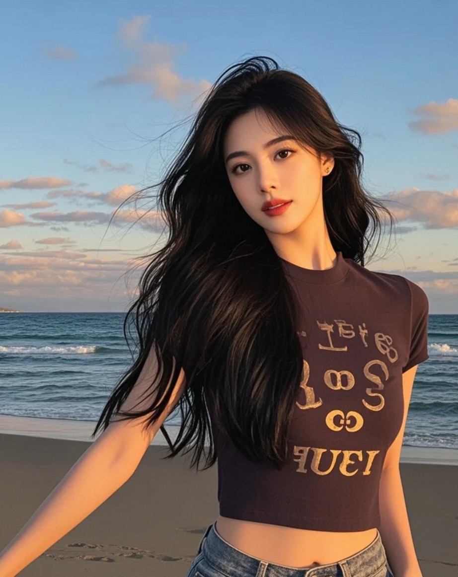 海风拂面，她发丝如瀑，每一步都踏出大牌明星的从容自信与阳光气息