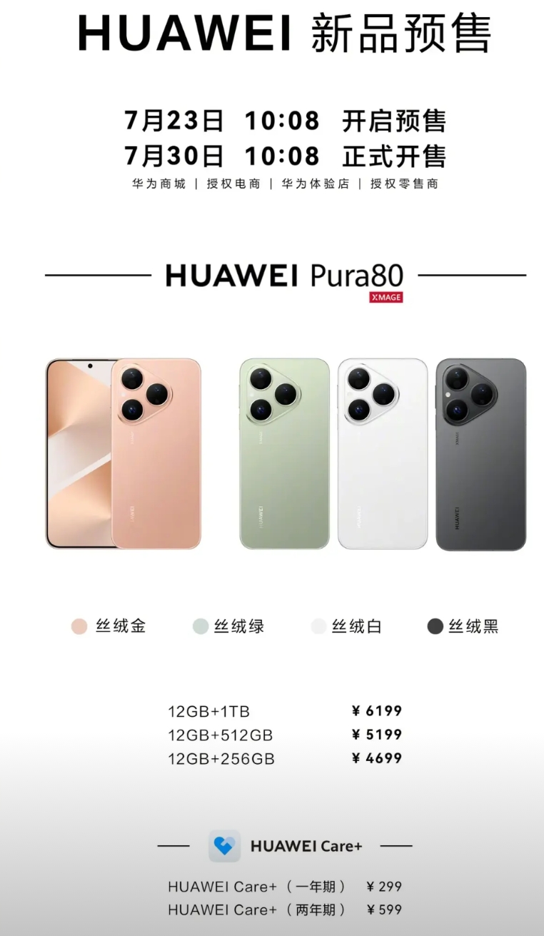 华为Pura80标准版正式开售了

最低4699起，最高6199，有四款颜色，直