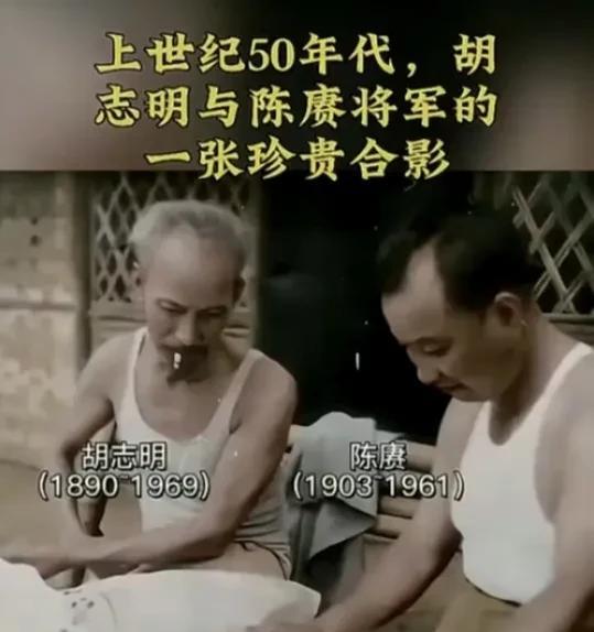 上世纪50年代，胡志明和陈赓大将的一张珍贵合影。两人穿着白背心，在一起研究战术，