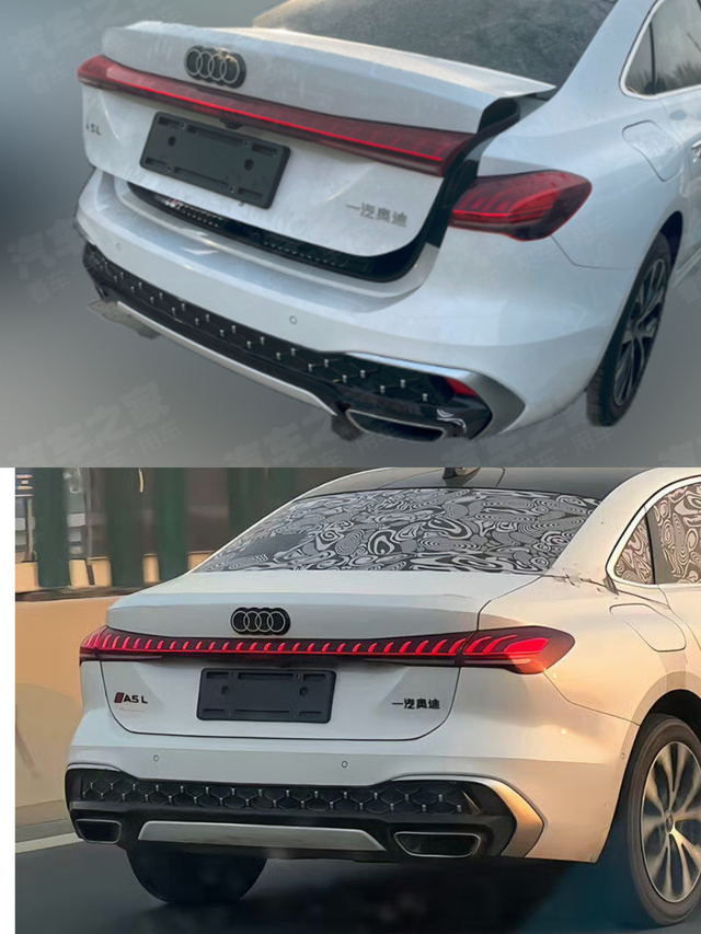 一汽奥迪A5L，实车有点用力过猛
01、测试车的尾灯和排气管上面的装饰，感觉有点