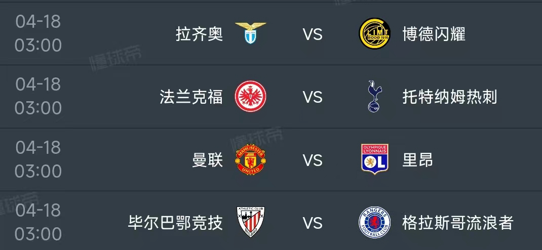 北京时间4月18日03：00，欧联杯1/4决赛迎来第二回合的较量，赛程如下：
