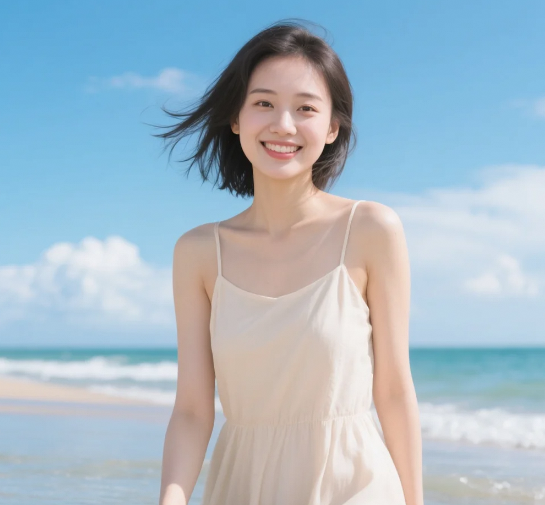 海风轻轻吹过，裙摆随风飘扬，今天的我是不是特别美？