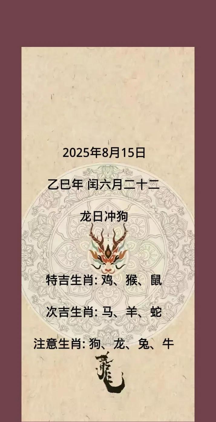 2025年8月15日
乙巳年 闰六月二十二
龙日冲狗
特吉生肖: 鸡、猴、鼠
次