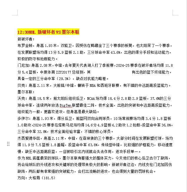 12:30NBL 新破坏者vs墨尔本联
