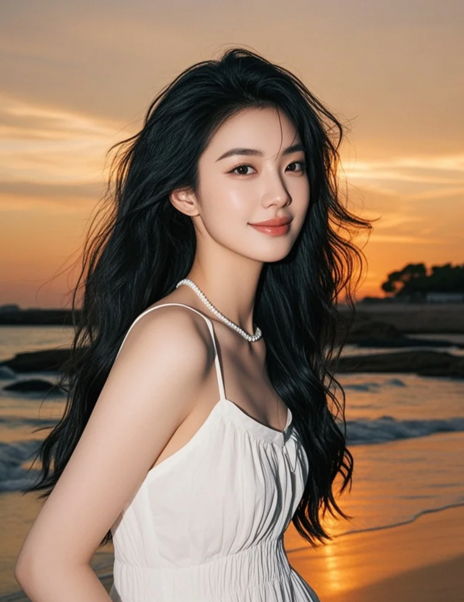 大牌女星的沙滩时刻，长发与海风共舞，姿态优美动人