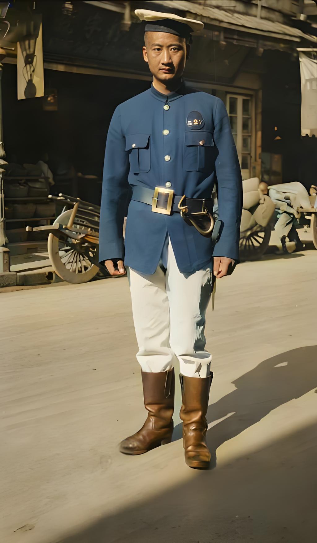 这张1937 - 1949年的老照片里，男子穿的制服像旧中国的警察服，胸口“52