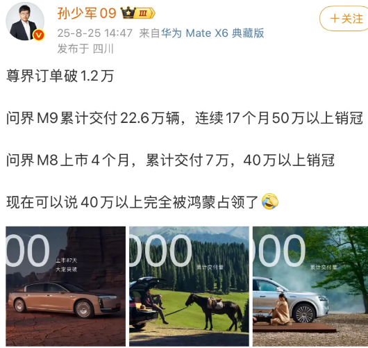 40万以上被华为占领了。
70万以上区间：尊界S800，月销量破1000辆，是该