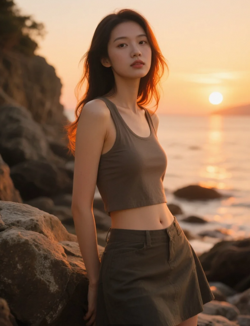 夕阳下的亚洲美女，站在岩石旁展现自然之美