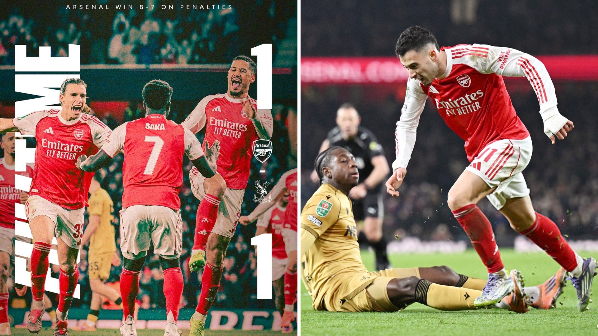 联赛杯：阿森纳主场1-1，点球8-7击败水晶宫，四强将对阵切尔西。
阿森纳狂轰2