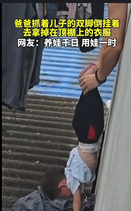 #爸爸抓着儿子双脚让其倒挂着捡衣服#一看这视频就是设计好摆拍的，旁边的拍摄者不仅