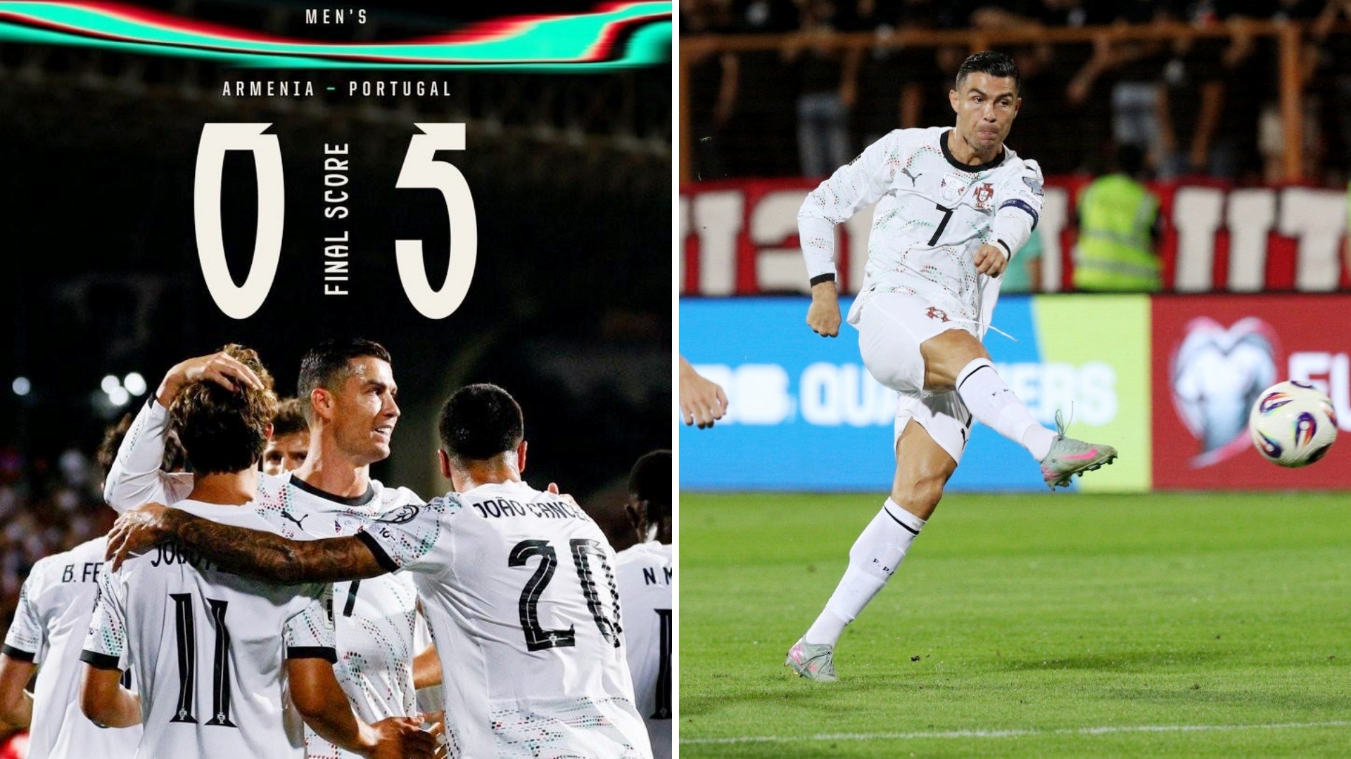 世预赛：葡萄牙客场5-0大胜亚美尼亚，取得世预赛开门红。
C罗双响+暴力世界波，