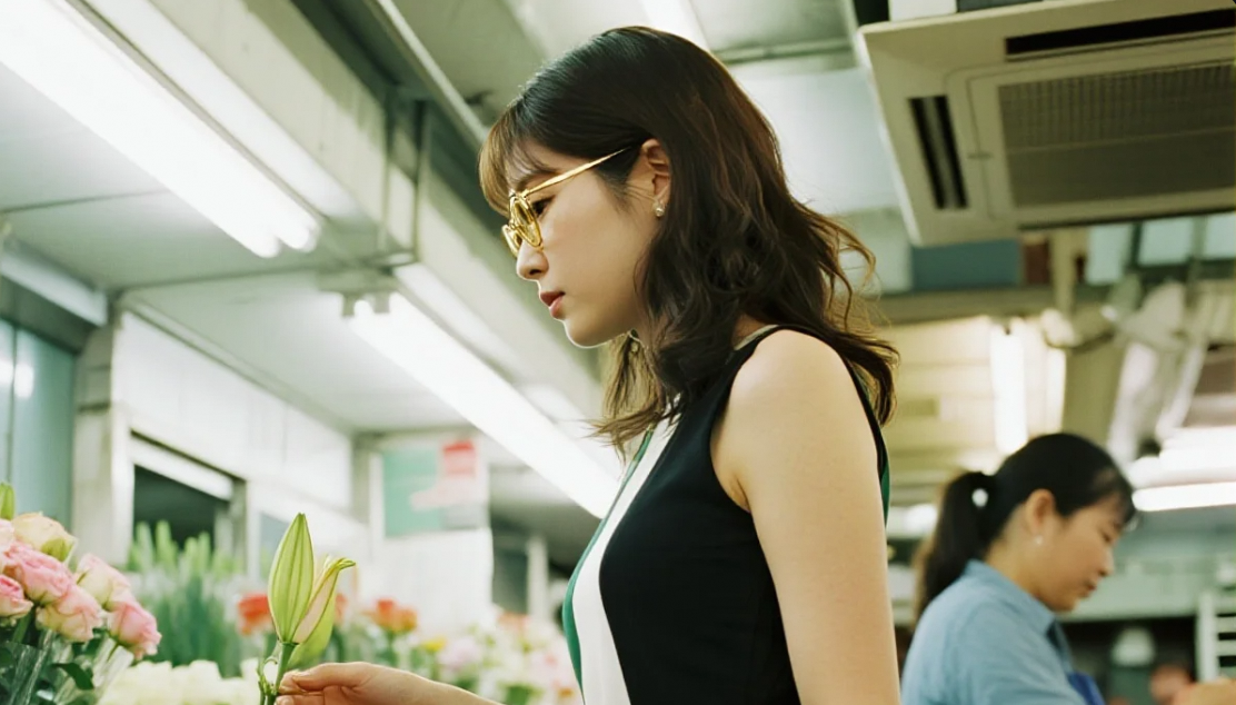 她侧身挑选的样子，比花还美：清纯美眉花店写真