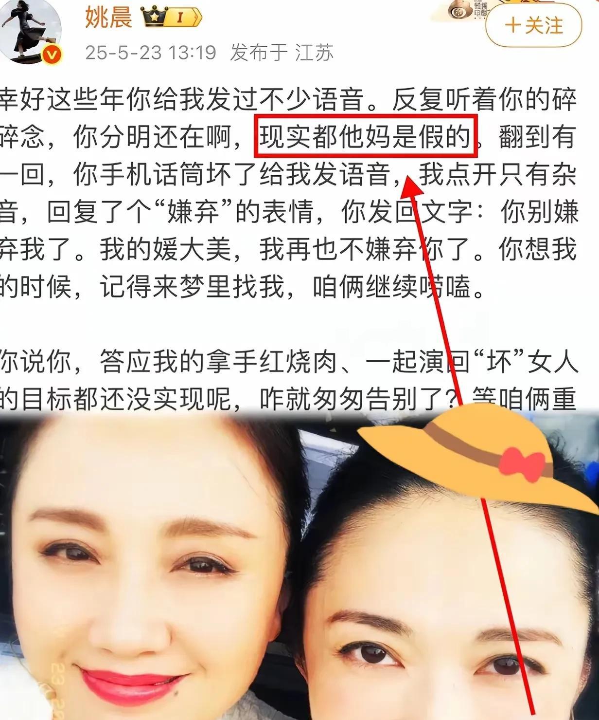 5月23日，姚晨在社交平台上写道：“现实都他妈是假的。”  这句话，饱含了她对故
