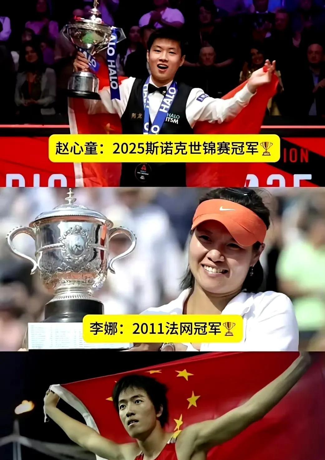 进入21世纪，中国最重要的三个世界冠军：刘翔、李娜、赵心童。