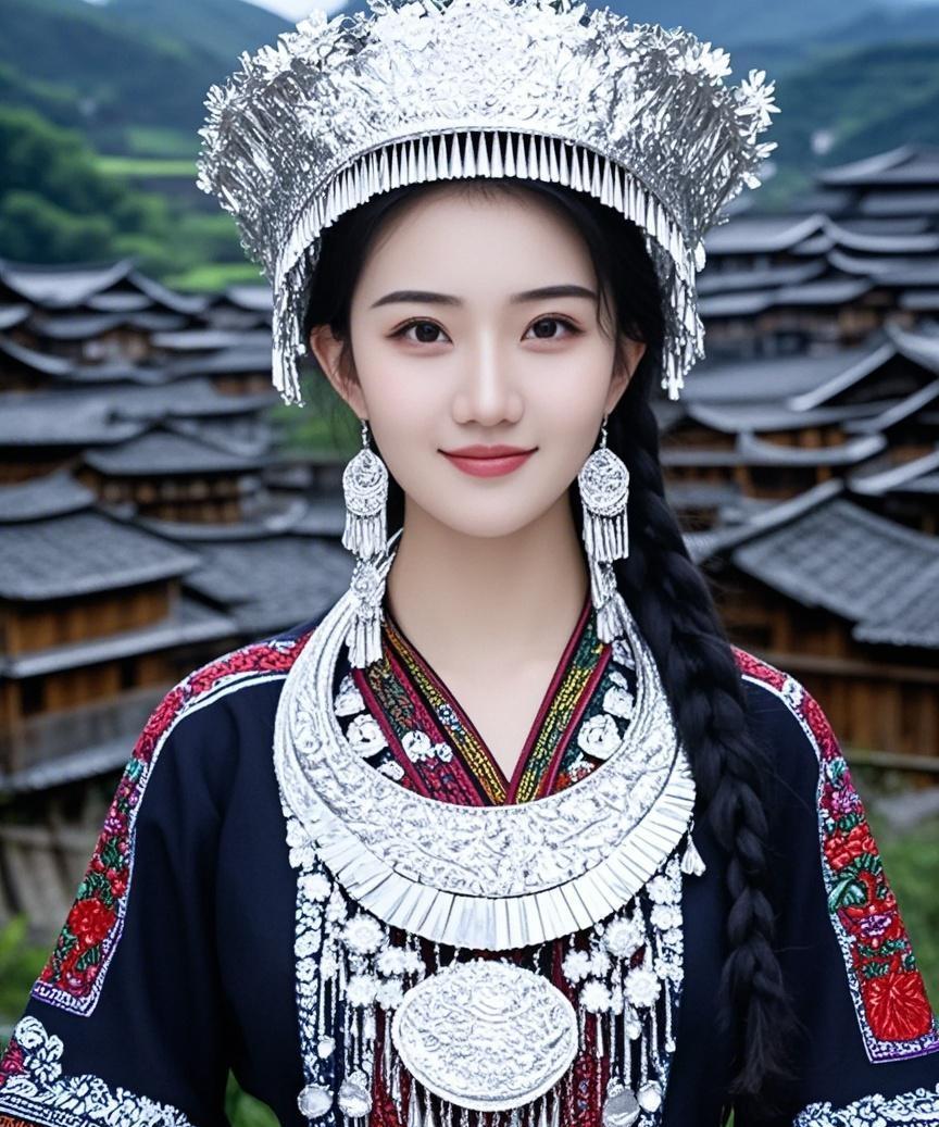 #AI写真辑#站在苗寨中身着传统服饰，周围是吊脚楼、梯田、山林，这份惬意，久违了