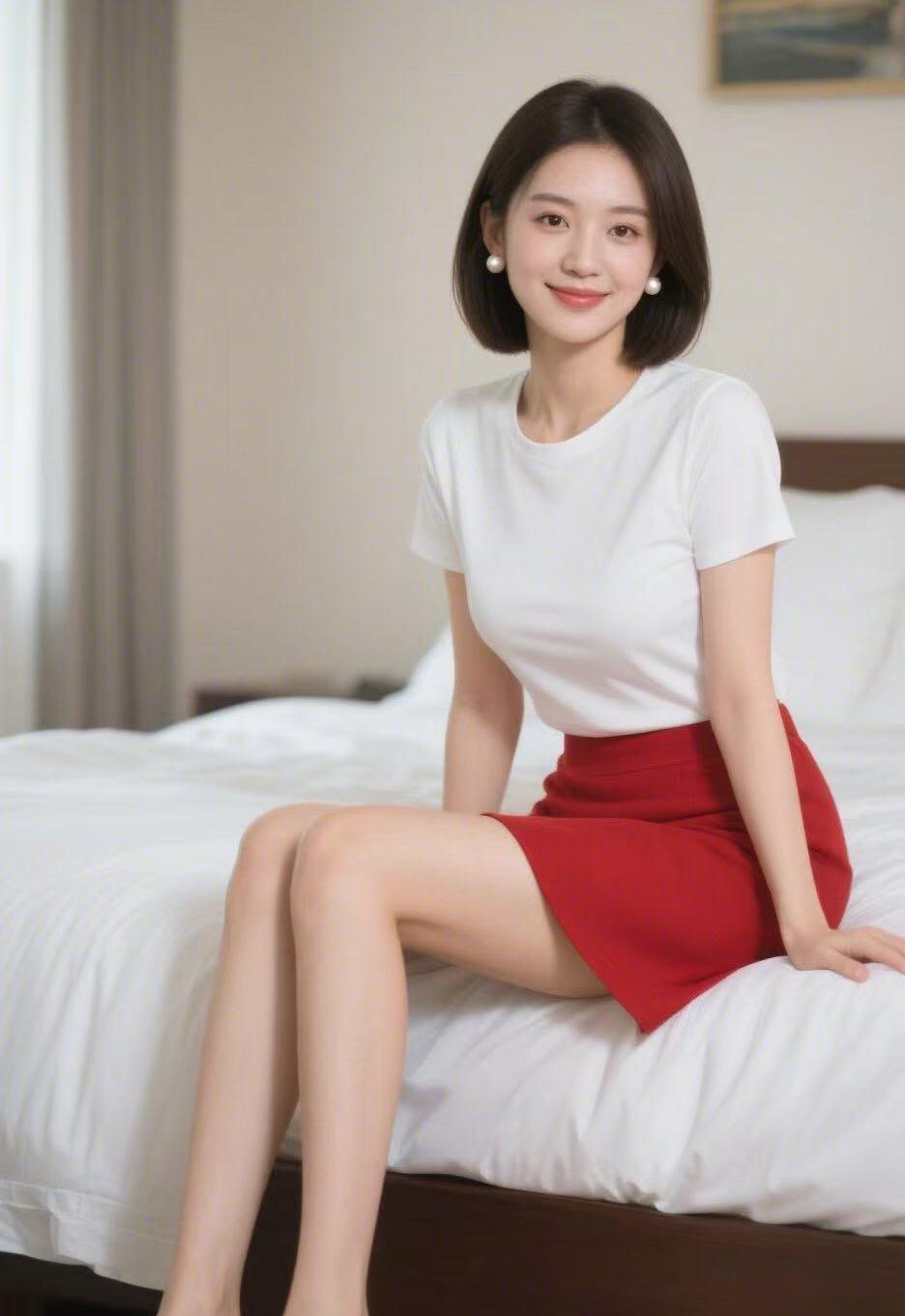 穿白T恤和红裙子的女孩在床上坐着。
