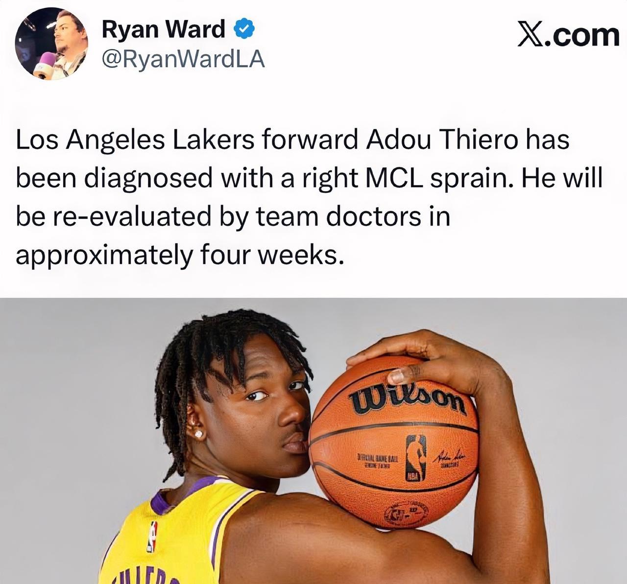 湖人再伤一人，球队无疑雪上加霜！！！
据NBA记者Ryan Ward 报道：湖人