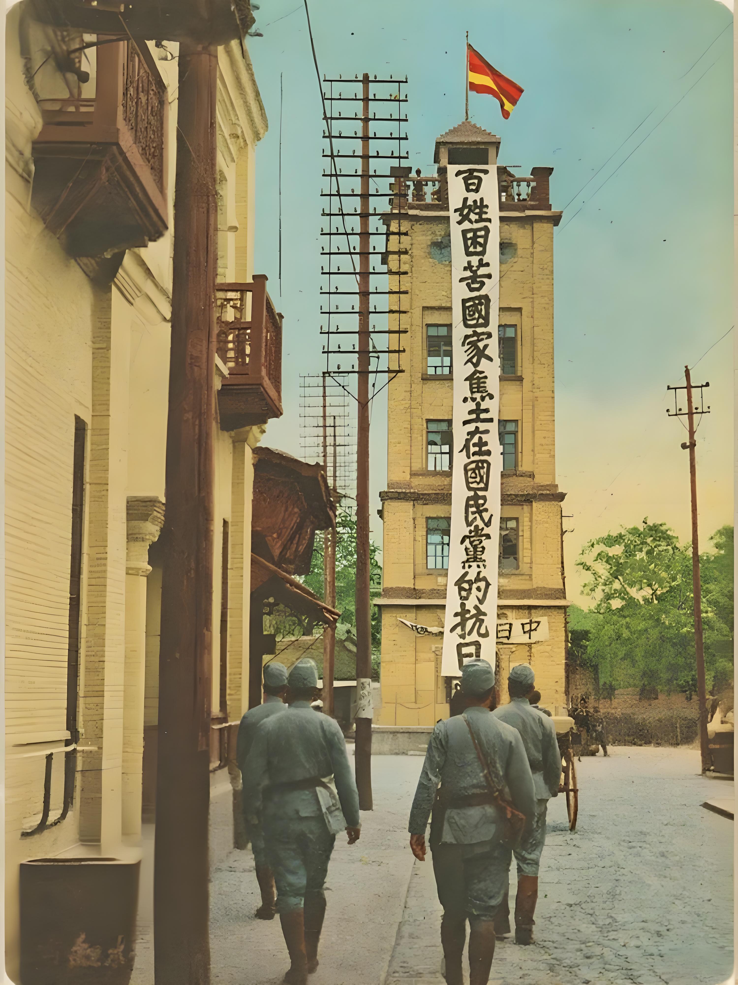 日本朝日新闻社发行的《X那事变画报》里的，是伪政府的宣传标语“百姓困苦国家焦土在