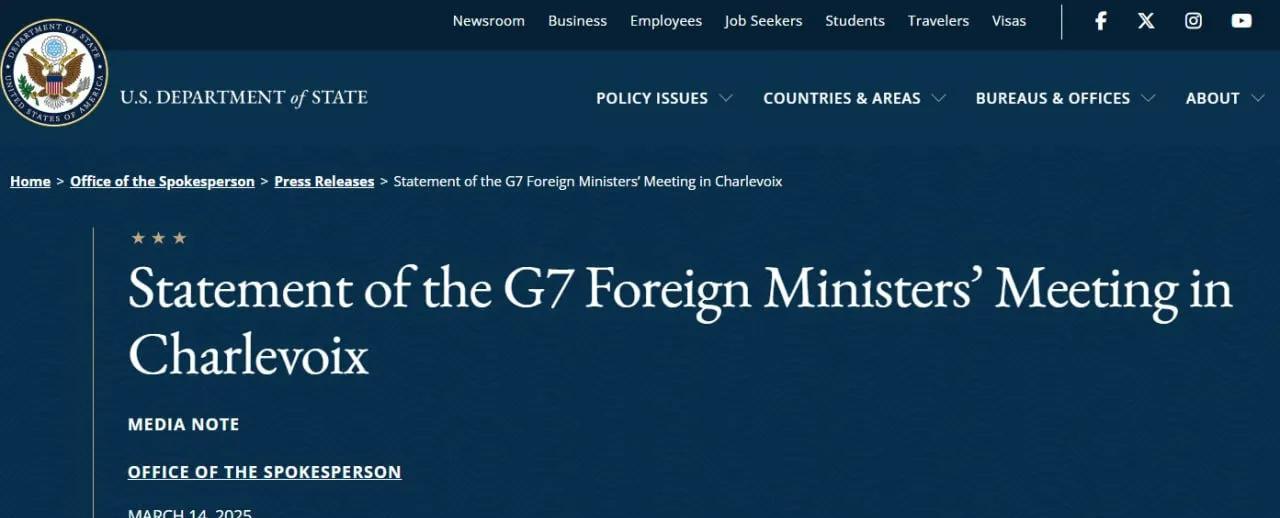 美国国务院发布的七国集团(G7)外长联合声明称，如果俄罗斯拒绝停火，将面临新的制