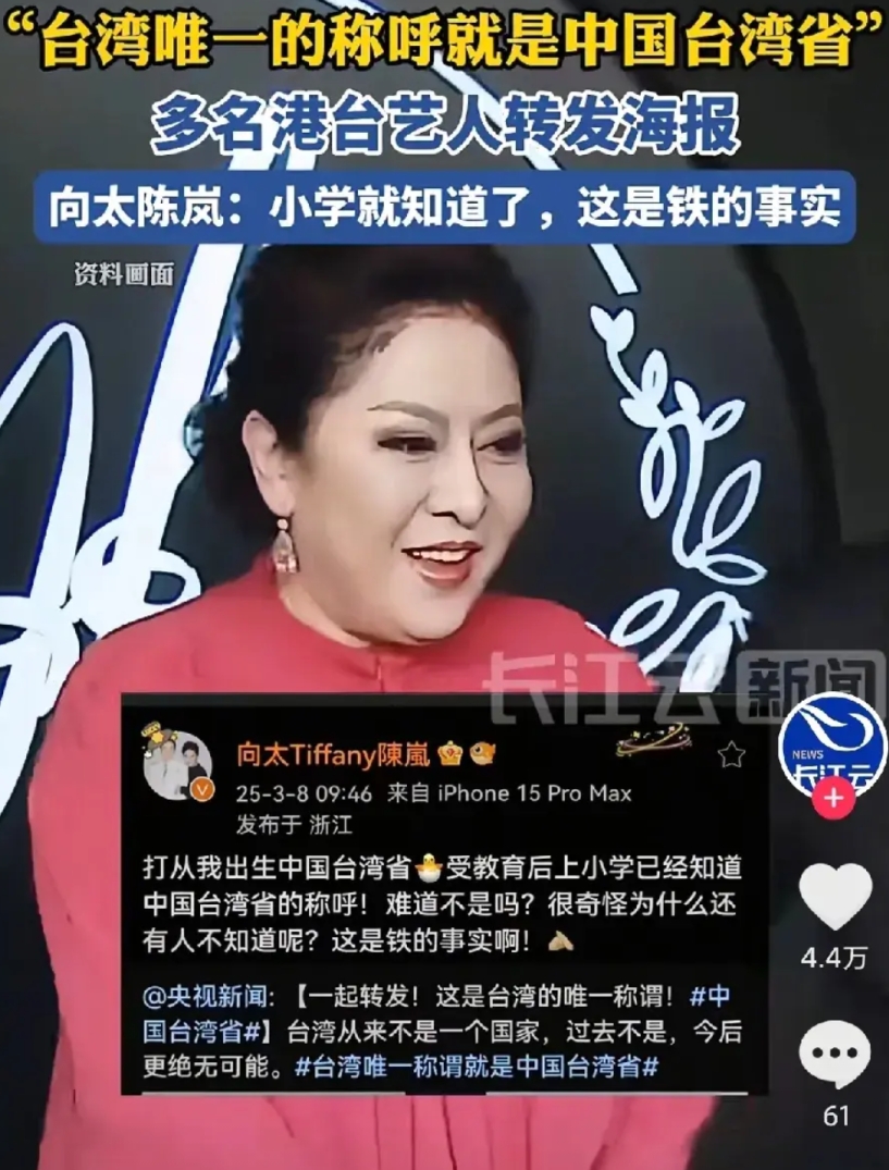 在多名港台艺人转发“台湾唯一的称呼就是中国台湾省”，其中向太的配文让我吃惊，她说