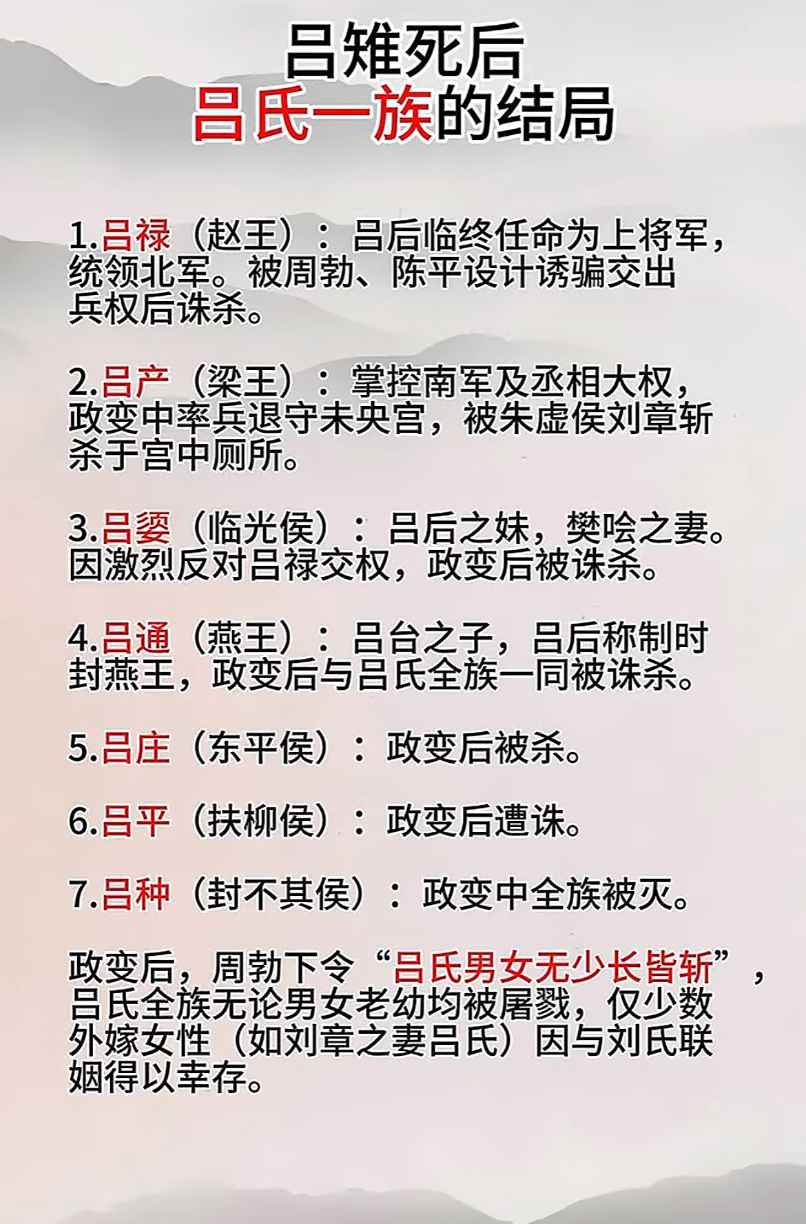 吕雉死后，吕氏一族的结局。
