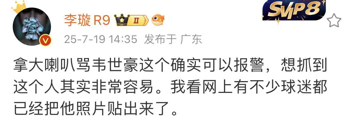 媒体人李璇表示天津津门虎那位辱骂韦世豪家人的球迷已经犯法。她建议韦世豪去报警，因