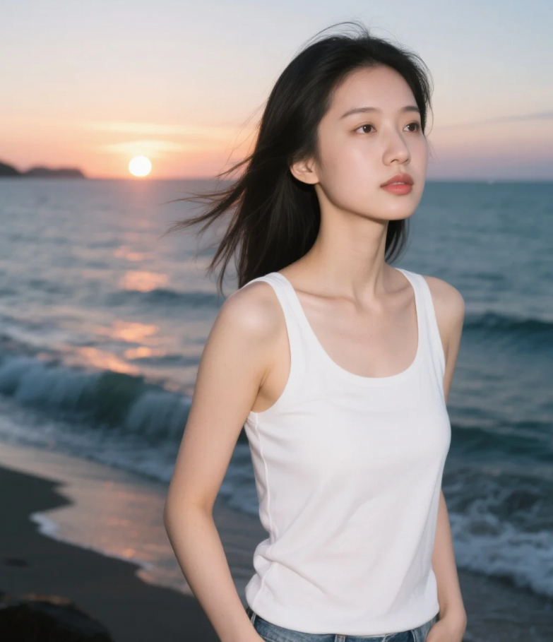 当清纯邂逅日出，白色背心少女与海的浪漫叙事